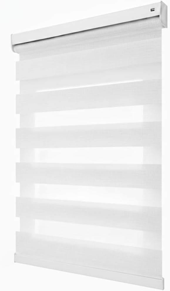 Motorized Zebra Blind with Solar Panel & Remote – Cordless, Rechargeable, Dual-Layer Light-Filtering, Easy Inside/Outside Mount – Modern White for Home & Office (32” W x 72” L)