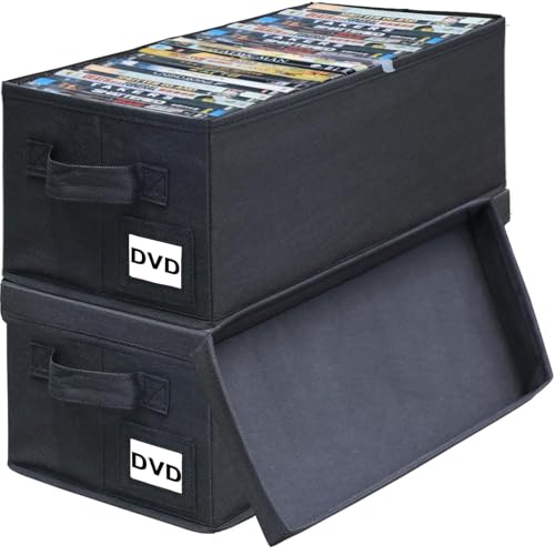 DVD Storage Boxes - 2 Pack DVD Case Holder Organizer - 15.7" x 7.9" x 5.7", Holds 50 Full Case DVDs | 100 DVDs Slim Discs, Desktop or Closet DVD Organizer Can Store Blu-ray | Game | Movie
