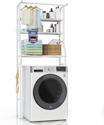 Kiseely Waschmaschinenregal Toilettenregal Badezimmerregal mit 3 Ablagen, platzsparendes Regal über der Toilette, multifunktional, stark belastbar, Hängeregal (Weißes Metall GA5)