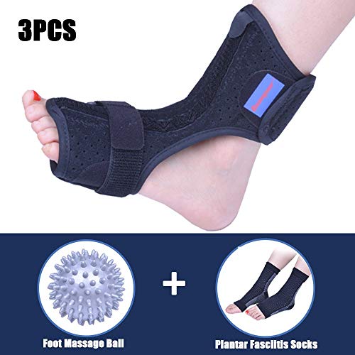Plantar Fasciitis Night Splint, Dorsal Night Splint Plantar Fasciitis Splint for Plantar Fasciitis Support Flatfoot Pain Relief, Adjust Foot Drop Orthotic Brace with Compression Socks & Massage Ball
