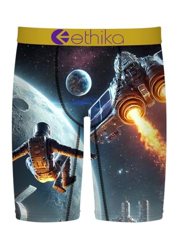 Ethika Men’s Boxer Brief, Knee Length, 4-Way Stretch Performance Underwear with Graphic Prints – Space