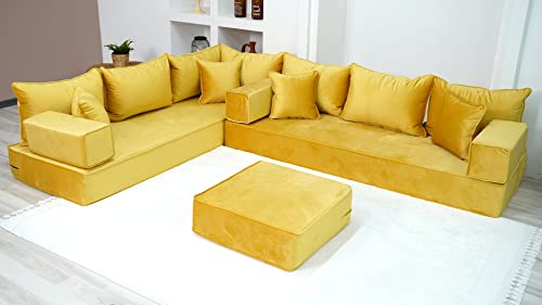 8″ Thickness Yellow L Shaped Floor Seating, Modern Livingroom Floor Couch, Sofa Cover, Toddler Sofa Bed, Corner Velvet Arabic Seating (L Sofa + Ottoman)