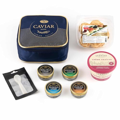 OLMA Noble Caviar Gift Set - 2 oz (56g) of Caviar, Includes Kaluga Royal, Siberian Osetra Aurora, Hackleback, Paddlefish, Serving Spoon & Blinis - Superior Grade Fresh Roe Fish Eggs