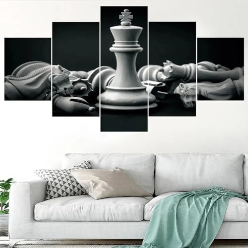 Toile decoration murale salon échecs noir et blanc grand tableau 5 parties