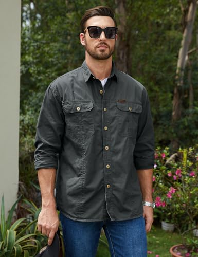 Eisctnd Men's Long Sleeve Cotton Work Shirt Casual Loose Fit Button Down Shirts with 2-Pocket for Outdoor Safari2