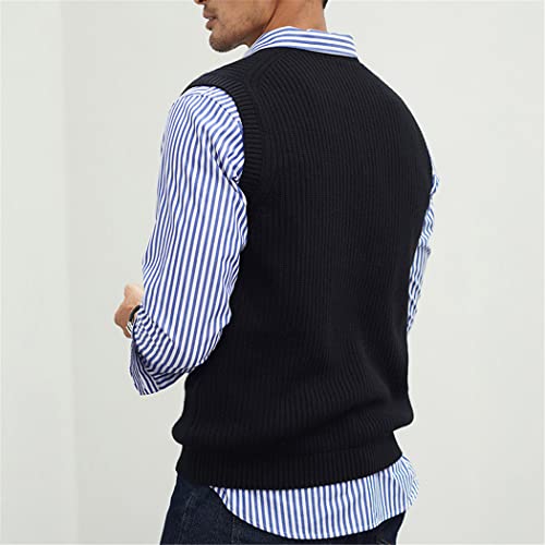 Mens V-Neck Knitted Sweater Vest Solid Plain Sleeveless Pullover Knitwear Loose Fit All Match Sweater Tops Black #TOP2