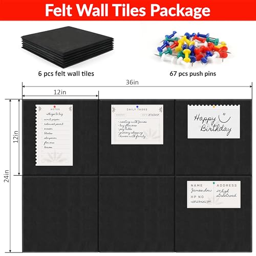 Image of Livzing 6Pcs Felt Wall Bulletin Board for Notes with 67 Push Pins 30x30cm - Self-Adhesive Wall Mount Notice Board - Pin /Felt /Cork Message Board for Notes Photos Home Office School Kitchen Classroom