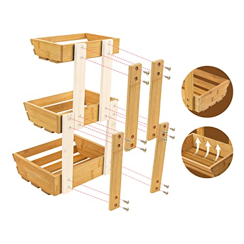 Bamboo Fruit Basket For Kitchen, 3 Tier Fruit Basket For Counter, Fruit Stand Holder For Fruit And Vegetable Storage, Fruit Bowl With Banana Hanger For Countertop (Easily Assemble) #TOP3