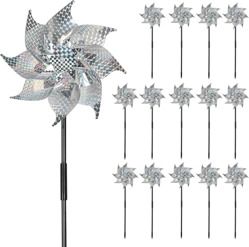 Serlvan 15 Pack Reflective Pinwheels with Stakes 18.5 Plastic Bird Blinder Sparkly Pin Wheel Scare Birds and Animals Away Spinner Pinwheels for Lawn Yard Garden Farm