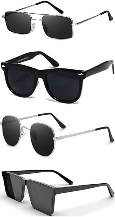SheomyUnisex Combo offer pack of 4 shades glasses Black Karan Aujla Rectangle Retro Vintage Narrow Sunglasses Women::Men Small Narrow Square Sun Glasses Combo offer pack of 4 MC-1066
