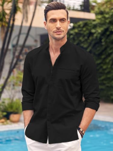 Image of Mens Casual Button Down Shirt | Cotton Luster Long Sleeves Shirts | Mandarin Collared Shirts