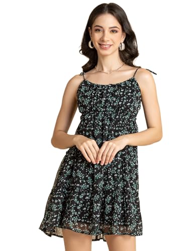 Image of Moomaya Women Printed Mini Dress, Strappy Shoulders Tiered Short Summer Dress