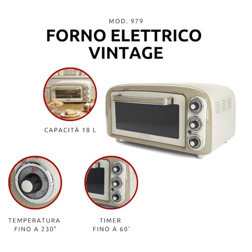 Ariete 979 Forno Elettrico di Design 18 Litri - Ideale per pizza da 30 cm - Doppio vetro - 1380 Watt - Acciaio Inox - Linea Vintage - Beige - Immagine 1