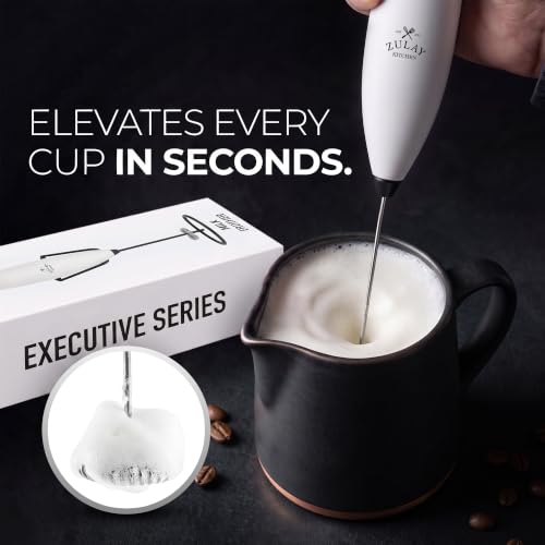 Image of Zulay Kitchen Powerful Milk Frother Wand With Duracell Batteries - Ultra Fast Handheld Drink Mixer - Electric Whisk Foam Maker for Coffee, Lattes, Cappuccino & Matcha - Z1 Motor - Exec White & Black