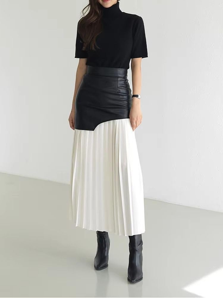 Falda de cuero PU para mujer, cintura alta con pliegues midi, primavera