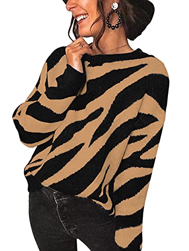 KIRUNDO Women's Sweaters Crew Neck Casual Long Sleeve Sweater Zebra Print Color Block Knit Pullover Sweater Tops(Zebra-Yellowish Brown, Medium)