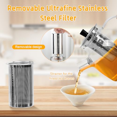 JOLIGAEA Teekanne Mit Sieb Und Stövchen, 1,5 Liter Glas, Teewärmer Edelstahl, Teapot, Glasteebereiter Mit Abnehmbarem Siebeinsatz