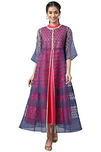Image of Aurelia Women's Polyester Regular Fit A-Line Floral Printed Gilet with Embroidered Inner Kurta
