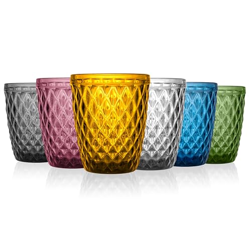 Norqvist Trinkgläser Set bunt - Gläser Set - Wassergläser farbig Saftgläser - 6er Set 250 ml - Spülmaschinengeeignet - Stapelbar - Modernes Design mit Diamant Muster