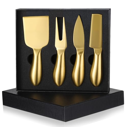 Funnymoom 4 Pcs Gold Cheese Knives Set Stainless Steel Cheese Tools with Cheese Slicer and Cheese Cutters for Kitchen Cheese Board Knife Set for Kitchen Charcuterie Board Accessories Housewarming Gift