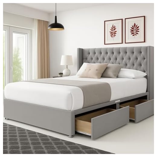 Divan Beds Deals | 4FT6 Double Grey Divan Bed Base | Linen Fabric Bed Base | Bed Set with 20 Inches high Cube Headboard and 2 Storage Drawers 21 Divan Beds Deals | Parka Plush Grey Divan Bed | Double Bed Frame with 48” Wingback Chesterfield Headboard, 2 Storage Drawers & 10” Spring Memory Foam Mattress(4FT6 Double)