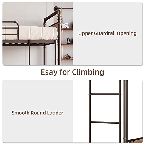 GarveeHome Metal Bunk Bed Twin Over Twin for Kids, Heavy Duty Twin Size Convertible Bunk Bed with Guardrail & Ladders, Noise Free, No Box Spring Needed, Vintage Brown