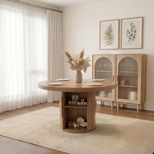 Image of Modern Round Dining Table Set for 4, 43.3 inch Walnut Wood Kitchen Table with 4 Black PU Leather Chairs, Mid-Century Circular Dinner Table with Heavy-Duty Iron Pedestal Base, Small Space Furniture