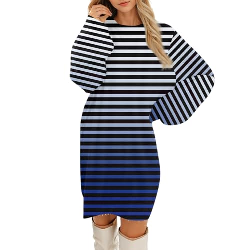 Generisch Pullover Damen Gestreiftes Strickkleid Damen Langarm Sweatkleid Rundhals Baumwolle Casual Stricken Pulli Locker Strickpullover Baumwolle...