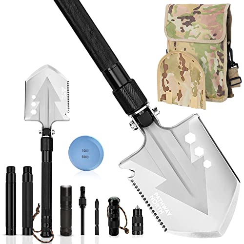 Survival Shovel Stainless Steel Folding Multi-Tool Survival Flashlight – Equipment for Outdoor With Self Defense Hiking Stick Hunting Emergency Survival Kit For Backpacking, Camping Gear