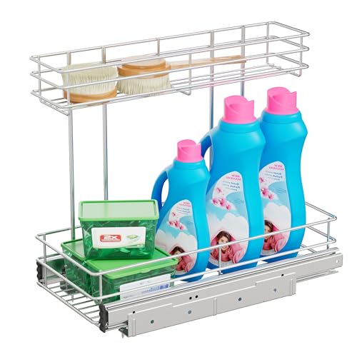 Image of Under Sink Organizer 9 inch W X19 D, Pull Out Cabinet Organizer 2 Tier | Chrome Plated, Full Slide Out, Under Kitchen Bathroom Sink Organizer, Pantry Cabinet Closet Organization Rack, 1 Pack