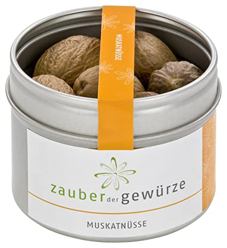 Zauber der Gewürze Muskatnüsse - ganze Muskatnuss für Käsegerichte, Gebäck, Punsch, Premium-Qualität in wiederverschließbarer Aroma-Dose, 10 Stück Cover