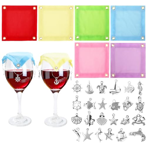 6 Set Weighted Outdoor Wine Glass Covers with Wine Charm Multicolor Breathable Wine Glass Cover to Keep Bugs Out 24 Wine Charms Ring Portable Veils Covers Drink Top for Restaurant Picnic Dinner
