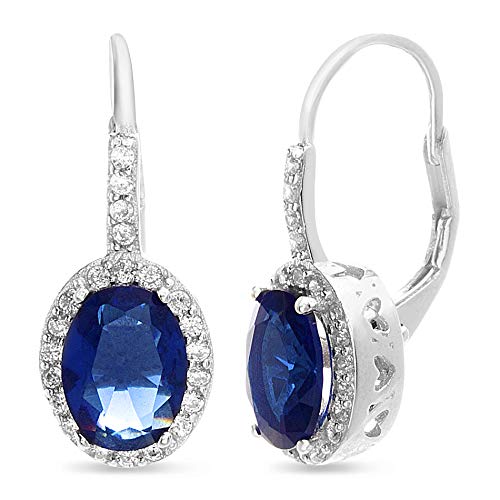 Rhodium Plated Sterling Silver Oval Simulated Gemstone and Cubic Zirconia Bridal Leverback Earring