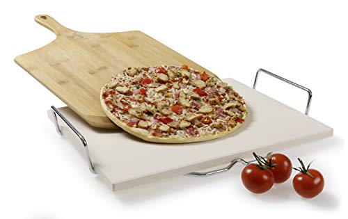 Pierre à pizza en cordierrite 38 x 29 x 1,5 cm avec support en métal, roulette à pizza et pelle à pizza en bambou pour pizza et tartes flambées