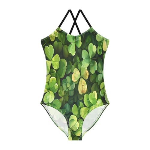 Pattern Green Four Leaf Clover Girls One-Piece Swimsuit Quick Dry Beach Swim Bathing Suit