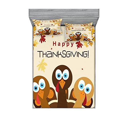 Ambesonne Turkey Fitted Sheet & Pillow Sham Set, Happy Thanksgiving Falling Leaves and Poultry Birds Harvest Time Celebration, Decorative Printed 3 Piece Bedding Decor Set, Full, Brown Cream