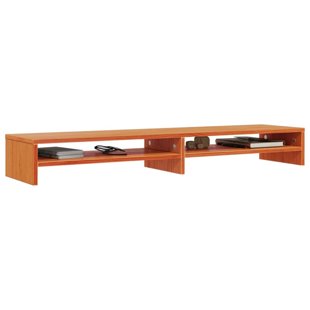 Supporto per monitor, 100 x 24 x 13 cm, ergonomico, in legno di pino massiccio, con ripiani, organizer da scrivania per schermo di PC e laptop, marrone cerato