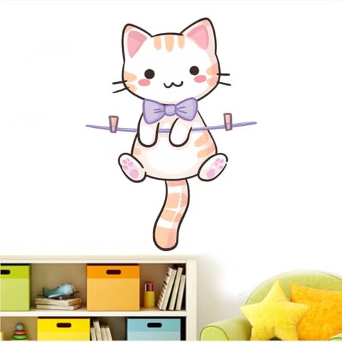 Image of Cute Sitting Cat Wall Sticker | Cartoon Kitten Self Adhesive Wall Decal for Ki-ds Room, Nursery, Bedroom & Playroom Decoration