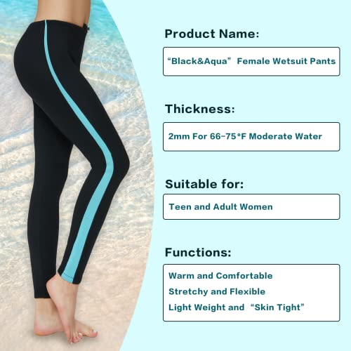 Higi Flexel Neoprene Wetsuit Pants Women Windproof Wet Suit Bottoms For Women Snorkeling Kayaking Swimming Thermal Leggings For Women Youth Girls Keep Warm(Black/Aqua,S) #TOP1