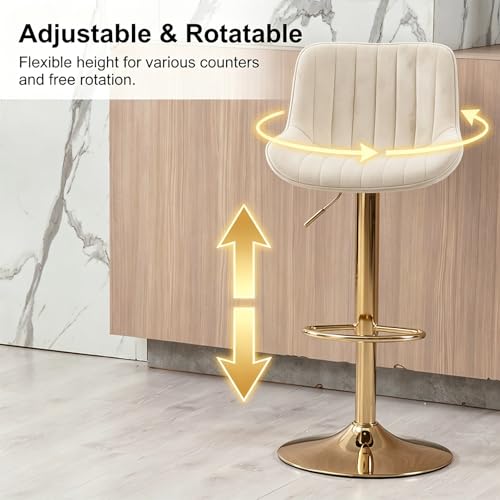 Image of ECHINGLE Velvet Bar Stools Set of 2 - Swivel Counter Height Barstools with Back & Adjustable Height, Modern Gold Kitchen Island Stools for Bar, Armless Pub Stools, Soft Beige Upholstered Seating
