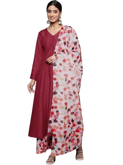 Varanga Women Maroon Anarkali Kurta Paired With Contrast Bottom And Dupatta