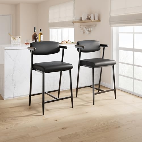 RBFGYIOP Set di 2 sgabelli da bar con schienale e braccioli - Seduta ampia imbottita in ecopelle nera - Stile moderno con poggiapiedi - Per isola cucina e bancone - Facile montaggio - Confezione da 2
