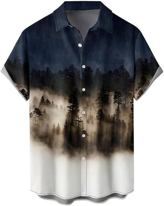 Men’s Forest Landscape Button-Up Shirt with Gradient Pine Tree Print | Stylish Short Sleeve Collared Casual Top | Nature Inspired Fashion (Blue, White)
