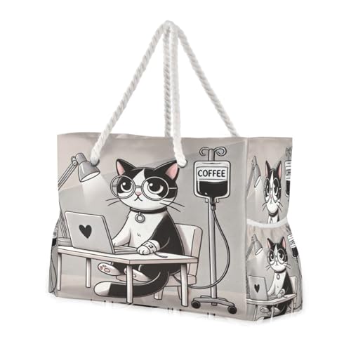 Cat Coffee Gray Beach Tote Bag for Women Extra Large Beach Bags Swim Pool Bag Waterproof Travel Tote Bags with Zipper for Yoga Gym Women Vacation Essentials Nurse