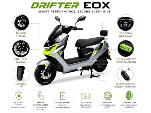 Image of EOX DRIFTER Electric Scooter for Adults | 48V Removable Lithium Battery | 50-70 km Long-Range Ride | Lightweight Non-RTO E-Scooter | 180kg Weight Capacity (TIATANIUM SILVER)