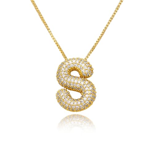 18K Bubble Letter Necklace Gold for Women, Initial Necklaces Rhinestone Chunky Bubble Letter Necklace for Her, Charm Puff Name Pendant Alphabet Necklaces Non Tarnish Gold Plated Jewelry