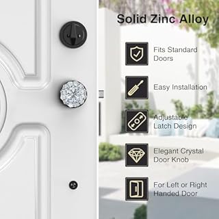 Calzibeno Vintage Black Front Door Handle and Deadbolt Set, Front Door Lock Set with Crystal Glass Door Knob, Entry Door Lock Set with Single Cylinder, Reversible for Right & Left, Matte Black