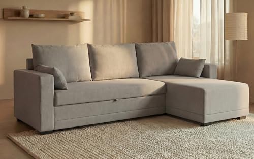 BUDWING Leah Sofá Cama Esquinero 3 Plazas   Chaise Longue Reversible y 2 Cojines Decorativos – Tapizado en Poliéster – Estilo Moderno – 233x124x69 cm – Gris Claro