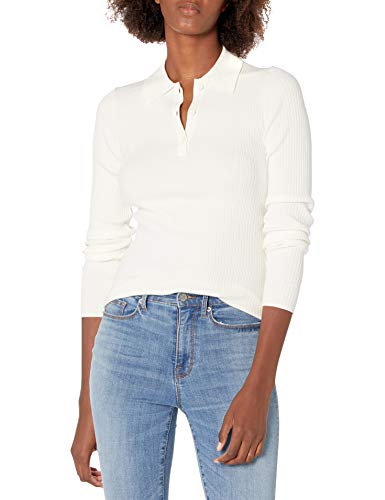 Lark & Ro Women's Premium Viscose Blend Rib Long Sleeve Polo Slim Fit Sweater , IVORY, XX-Large