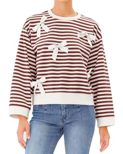 Women's Cute Bow Sweater Striped Long Sleeve Crewneck Pullover Sweaters Holiday Trendy Tops